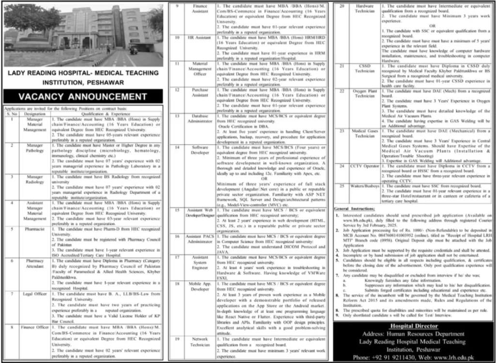 Job Opportunities 2025: Join Lady Reading Hospital – Medical Teaching Institution, Peshawar