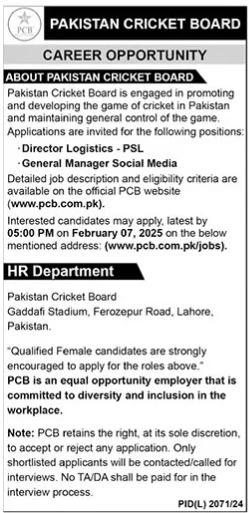 Job Opportunities 2025 – Start Your Career with Pakistan Cricket Board (PCB) Roles.