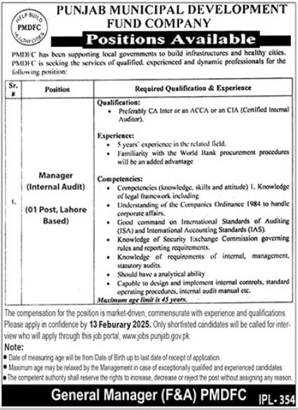Job Opportunity: Manager (Internal Audit) at Punjab Municipal Development Fund Company (PMDFC).