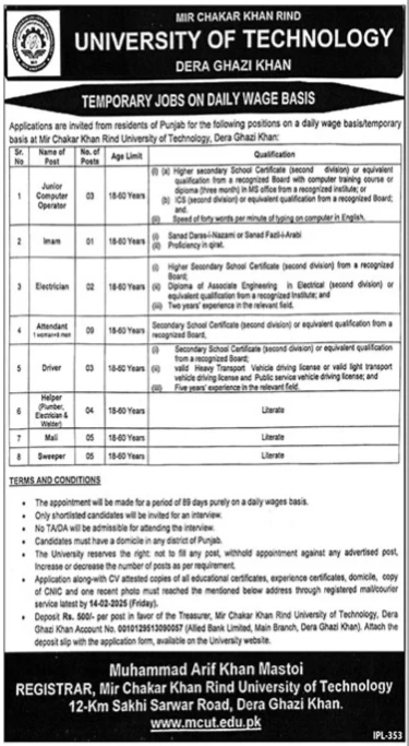 Exciting Job Opportunities at Mir Chakar Khan Rind University of Technology, Dera Ghazi Khan