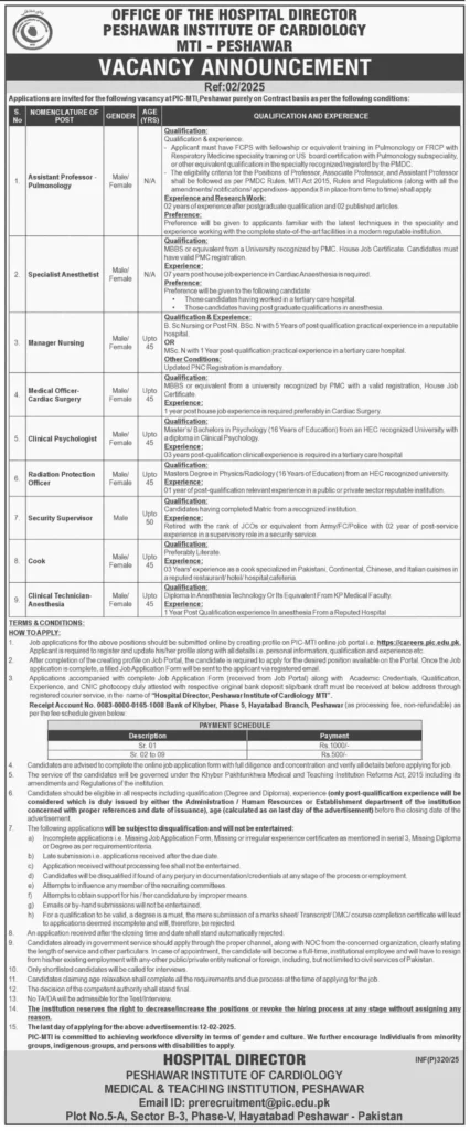 Job Opportunities 2025 – Peshawar Institute of Cardiology (PIC) MTI Peshawar Vacancies