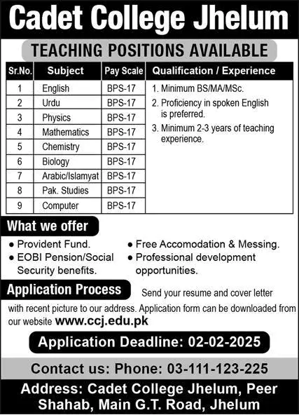 Teaching Jobs 2025 – Cadet College Jhelum is Hiring.