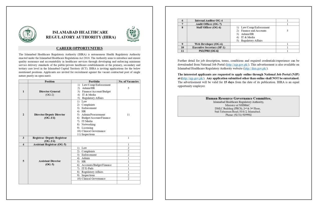Job Opportunities at Islamabad Healthcare Regulatory Authority (IHRA) – 2025