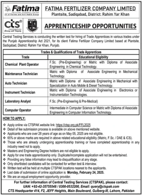Fatima Fertilizer Company Limited: Apprenticeship Opportunities 2025.