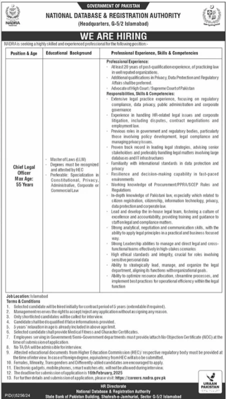 National Database & Registration Authority (NADRA) Career Opportunity – Chief Legal Officer (2025).