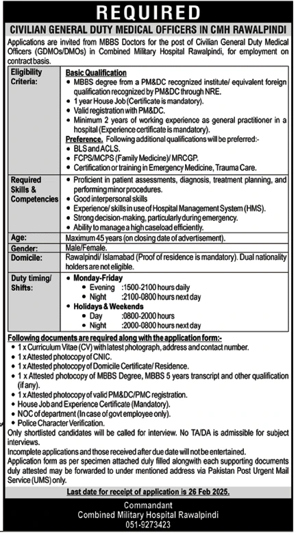 Job Opportunity Civilian General Duty Medical Officers at CMH Rawalpindi 2025.