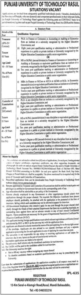 Job Opportunities 2025 – Start Your Career with Punjab University of Technology Rasul, Mandi Bahauddin.
