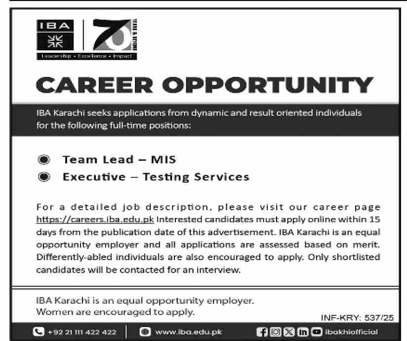 Career Opportunities at Institute of Business Administration IBA Karachi – 2025 Recruitment Drive.