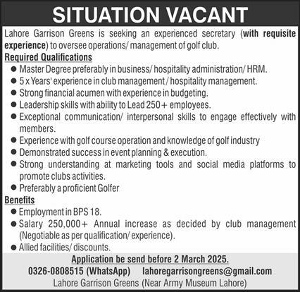 Exciting Career Opportunity: Secretary Position at Lahore Garrison Greens.