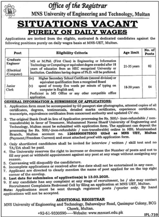 Job Opportunities 2025 – Start Your Career with MNS University of Engineering and Technology, Multan.