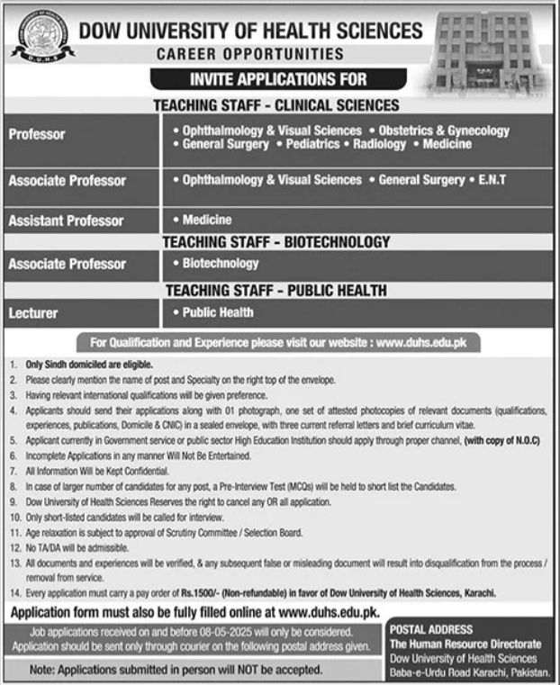 Latest Dow University of Health Sciences Education Posts Karachi 2025.